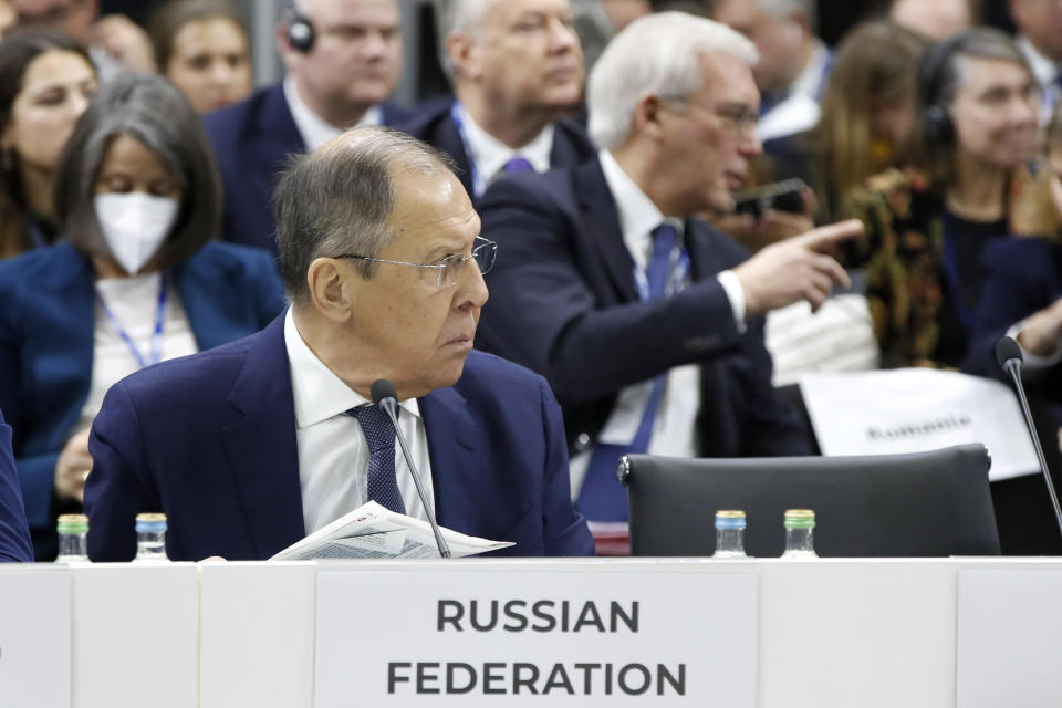 Russia's Foreign Minister Sergey Lavrov, front, attends the plenary session of the OSCE (Organization for Security and Co-operation in Europe) Ministerial Council meeting, in Skopje, North Macedonia, on Thursday, Nov. 30, 2023. (AP Photo/Boris Grdanoski)