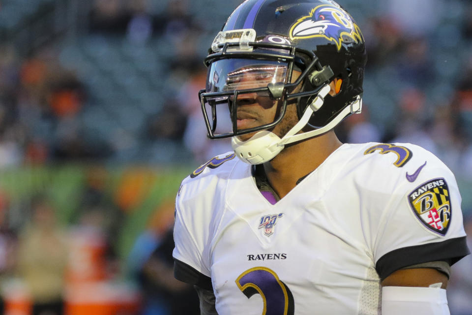 FILE - In this Nov. 10, 2019, file photo Baltimore Ravens quarterback Robert Griffin III walks off the field during the second half of NFL football game against the Cincinnati Bengals in Cincinnati. It will be Griffin's first NFL start since 2016 on Sunday, Dec. 29. (AP Photo/Gary Landers, File)