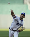 Kansas City Royals starting pitcher Michael Wacha throws during the first inning of a baseball game against the Toronto Blue Jays Tuesday, April 23, 2024, in Kansas City, Mo. (AP Photo/Charlie Riedel)