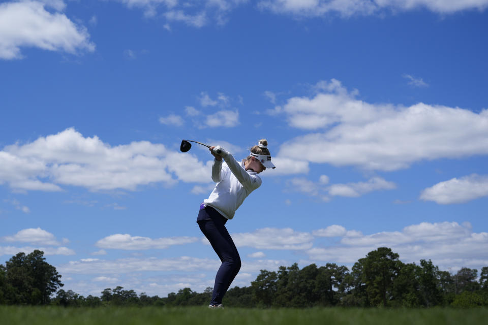 Nelly Korda hits a tee shot on the eighth hole during the final round of the Chevron Championship LPGA golf tournament Sunday, April 21, 2024, at The Club at Carlton Woods in The Woodlands, Texas. (AP Photo/Eric Gay)