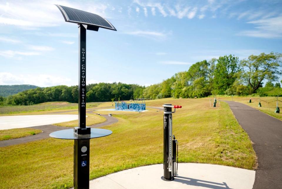 A new solar charging station for phones and a bike repair station at Bernel Road Park on Tuesday, May 21, 2024.