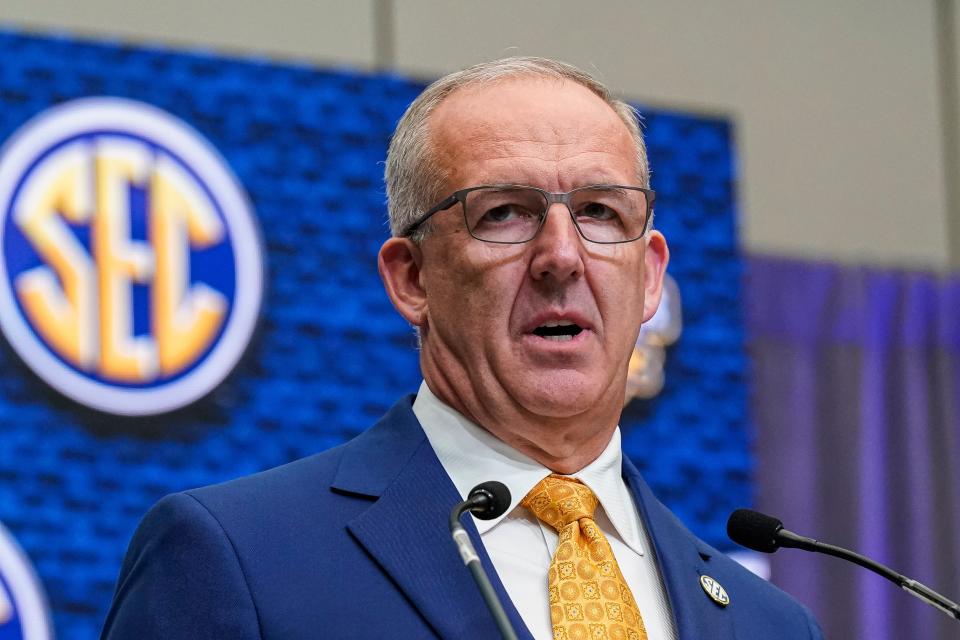 Jul 18, 2022; Atlanta, GA, USA; SEC commissioner Greg Sankey delivers comments to open SEC Media Days at the College Football Hall of Fame. Mandatory Credit: Dale Zanine-USA TODAY Sports