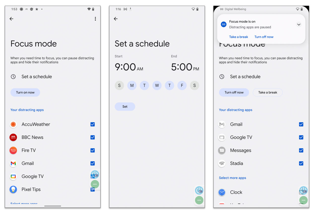 Cuando estés en la configuración del Modo sin distracciones de Android, puedes silenciar notificaciones y actividades de las aplicaciones que te distraen más e incluso crear un horario para tu tiempo sin distracciones. (Google vía The New York Times)