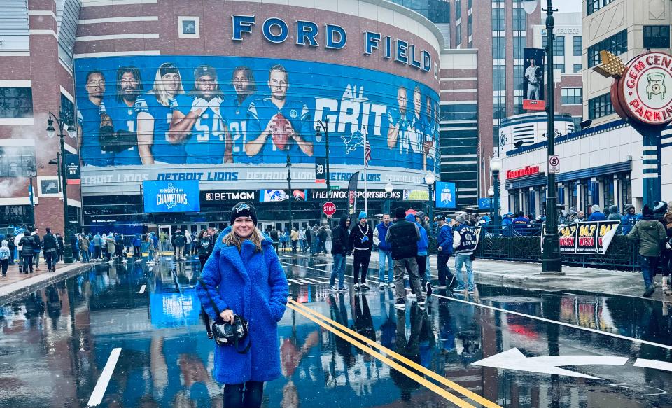 Natalie Garrett, a lifelong Detroit Lions fan and new season ticketholder, at Ford Field on Jan. 7 for the first playoff game the team has won in more than 30 years.