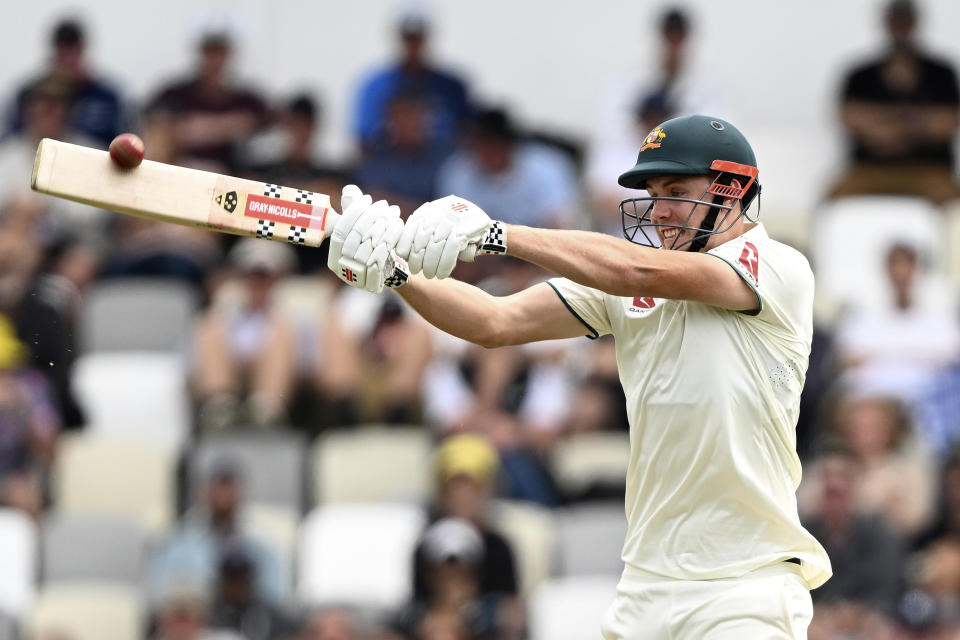 Australia'a Cameron Green bats against New Zealand on the second day of their cricket test match in Wellington, New Zealand, Friday March 1, 2024. (Andrew Cornaga/Photosport via AP)
