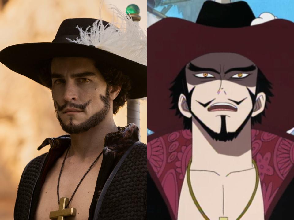 steven john ward as mihawk in netflix's one piece, wearing a large cross necklace and plumed hat with closely trimmed facial hair; right: mihawk in the one piece anime, wearing the same outfit