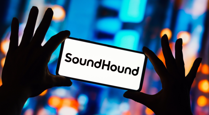 In this photo illustration, the SoundHound logo seen displayed on a smartphone. SOUN stock