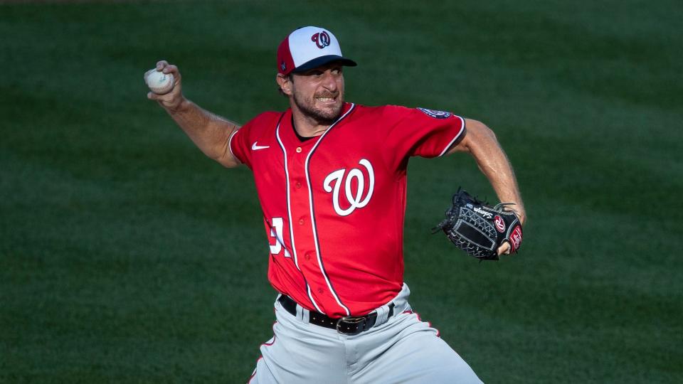 Mandatory Credit: Photo by Alex Brandon/AP/Shutterstock (10713772b)Washington Nationals starting pitcher Max Scherzer (31) throws during a baseball training camp workout at Nationals Park, in WashingtonNationals Baseball, Washington, United States - 13 Jul 2020.