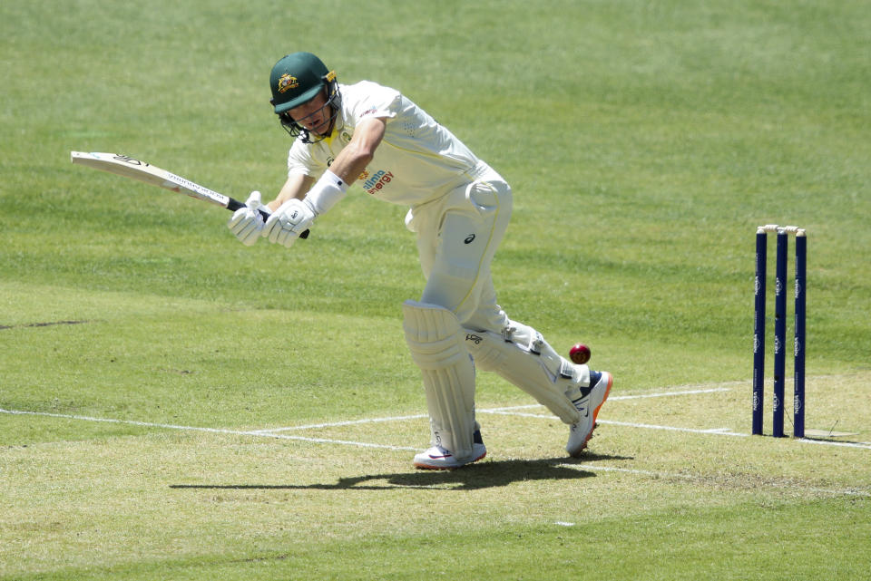 Australia's Marnus Labuschagne bats during play on the first day of the first cricket test between Australia and the West Indies in Perth, Australia, Wednesday, Nov. 30, 2022. (AP Photo/Gary Day)