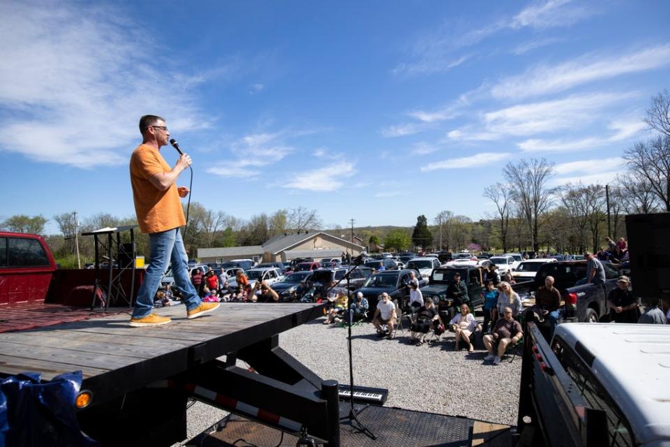 Pastor Greg Locke of Global Vision Bible Church holds services in the church parking lot on March 29, 2020 in Mount Juliet, Tennessee. (Getty Images)