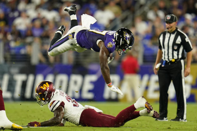 Baltimore Ravens linebacker Tavius Robinson (95) runs during an NFL  preseason football game against the Washington Commanders, Monday, August  21, 2023 in Landover. (AP Photo/Daniel Kucin Jr Stock Photo - Alamy