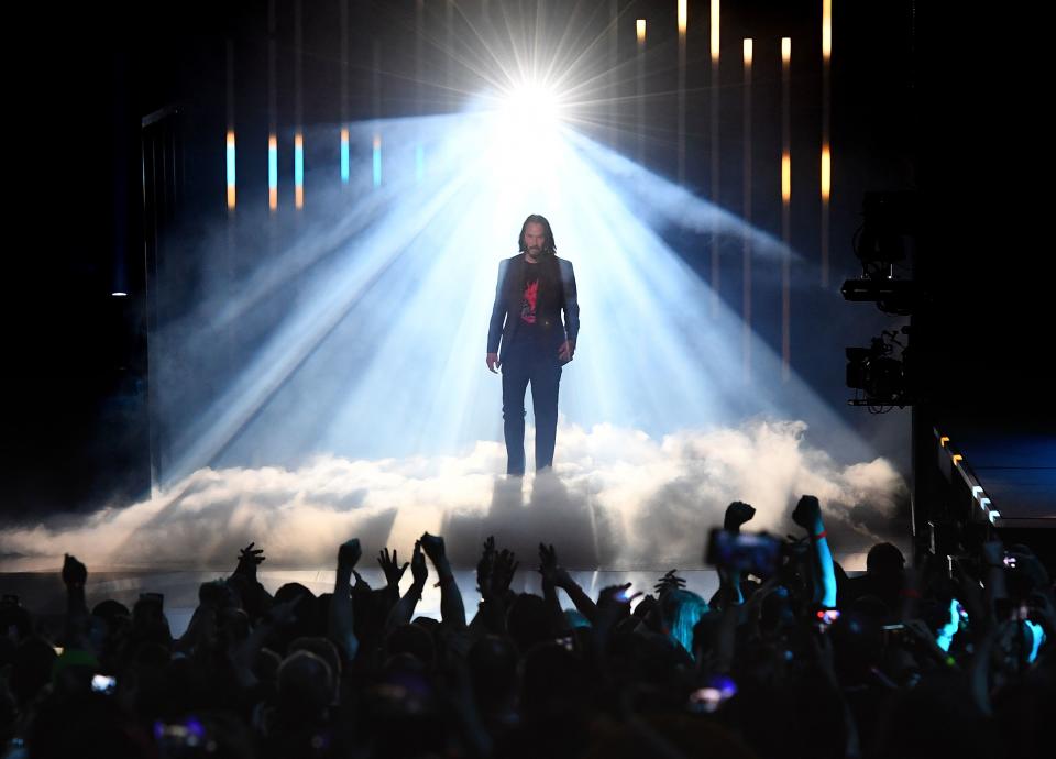 Canadian-US actor Keanu Reeves announces the new video game "Cyberpunk 2077" at the Microsoft Xbox press event ahead of the E3 gaming convention in Los Angeles on June 9, 2019. (Photo by Mark RALSTON / AFP)        (Photo credit should read MARK RALSTON/AFP/Getty Images)