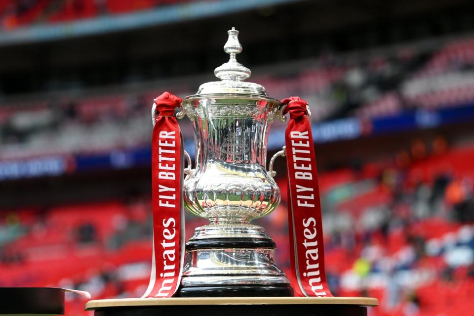 A detailed view of the FA Cup trophy prior to the FA Cup Semi Final match between Manchester City and Sheffield United at Wembley Stadium in April 2023 (The FA via Getty Images)