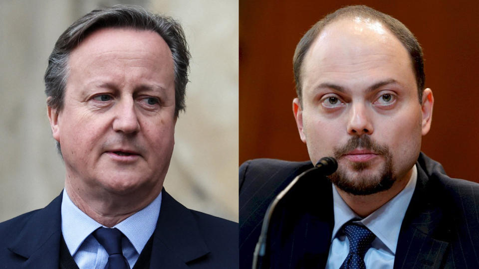 英國外相卡麥隆(左)11日指控克里姆林宮，自從2年前逮捕了批評人士卡拉姆扎(右)以來，讓他受到「卑劣且不人道的待遇」。資料合成照。(AFP/路透社/達志影像)