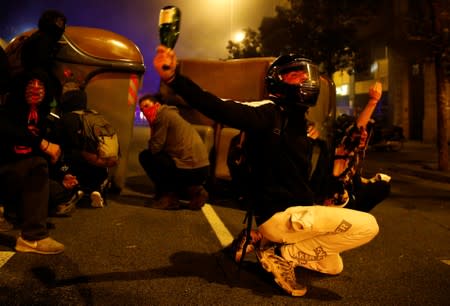 Separatists protest after a verdict in a trial over a banned Catalonia's independence referendum in Barcelona