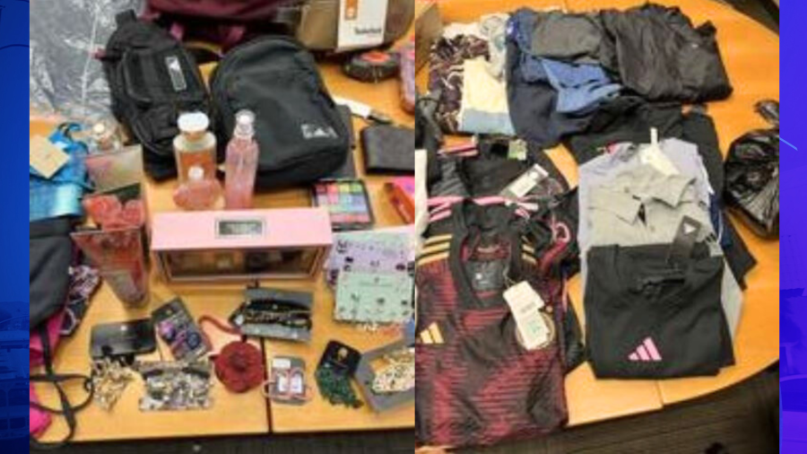 A variety of stolen merchandise found after 13 people were arrested for retail theft at a Rancho Cucamonga shopping mall on April 19, 2024. (San Bernardino County Sheriff’s Department)