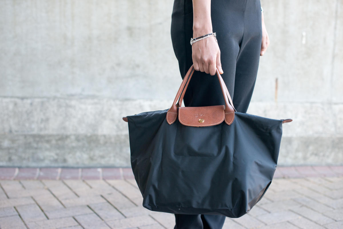 Longchamp Navy Nylon Tote Medium With Brown Leather Handle