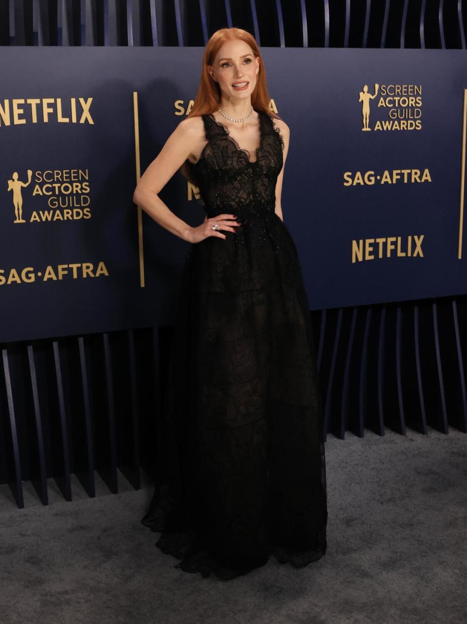 Jessica Chastain wears a black lace gown at the SAG Awards.