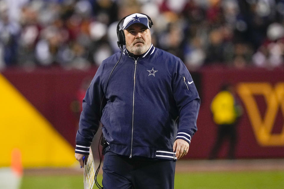 Dallas Cowboys head coach Mike McCarthy walking on the sidelines during the first half of an NFL football game against the Washington Commanders, Sunday, Jan. 7, 2024, in Landover, Md. (AP Photo/Susan Walsh)