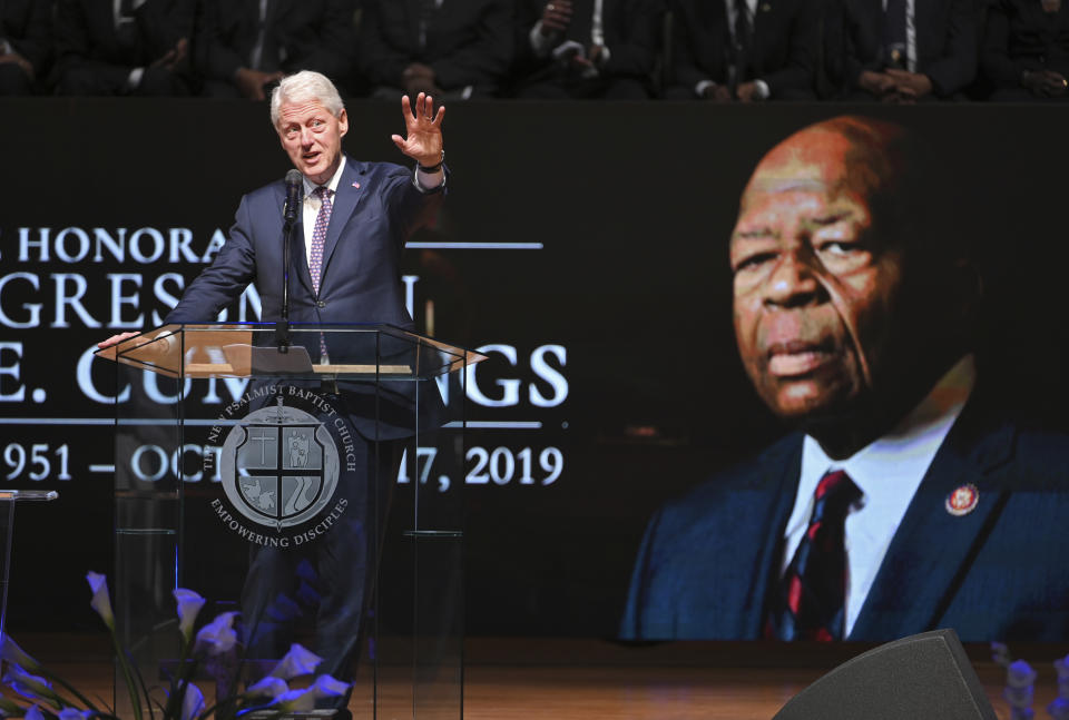 Former Preisdent Bill Clinton speaks at the funeral service for Rep. Elijah Cummings, D-Md., at the New Psalmist Baptist Church in Baltimore, Md., on Friday, Oct. 25, 2019. (Lloyd Fox/The Baltimore Sun via AP, Pool)