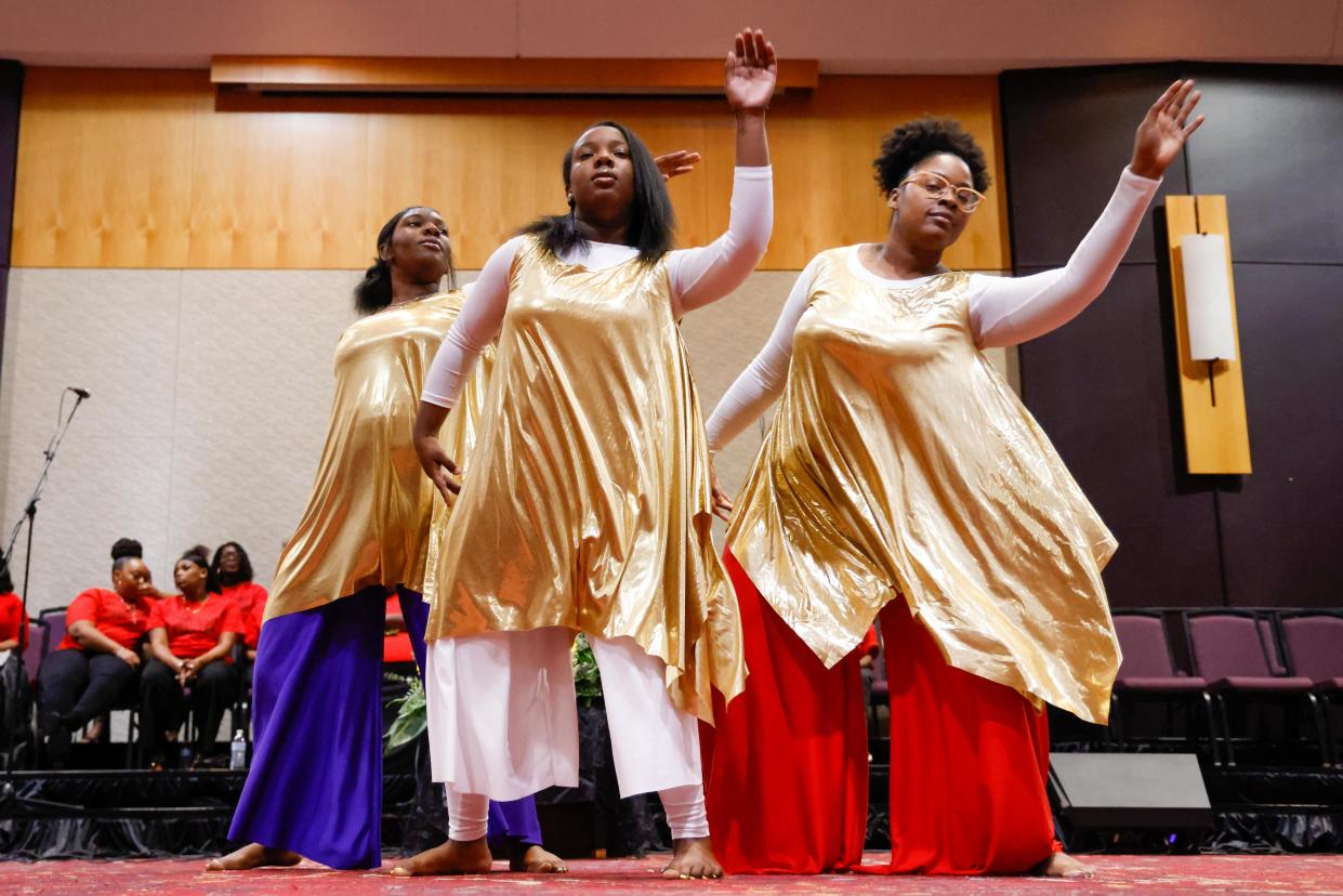 Members of the First Progressive Baptist Church conduct a praise dance during the M.L.K. Youth and Young Adult Program on Saturday, Jan. 15, 2022 at the Lubbock Memorial Civic Center.