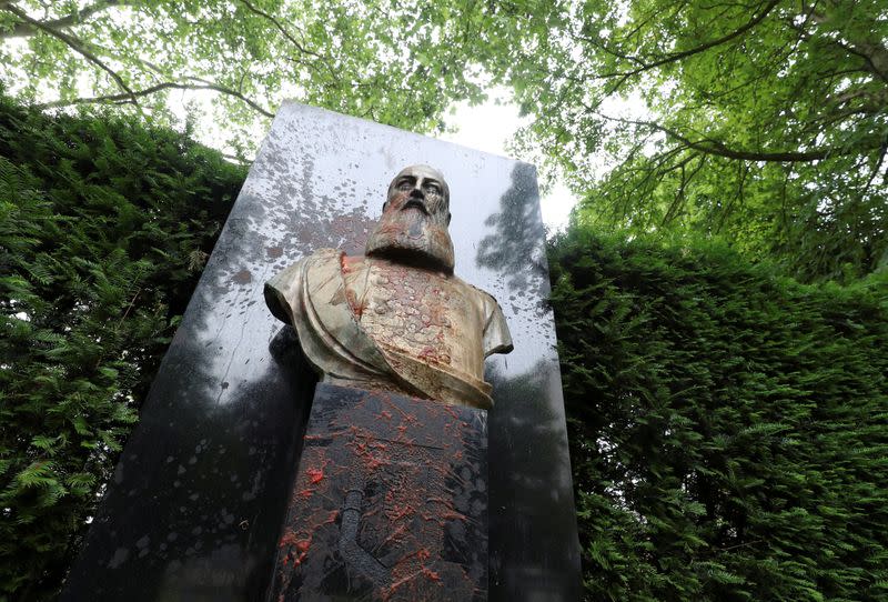 A statue of former Belgian King Leopold II, a controversial figure in the history of Belgium, stands in the city of Ghent