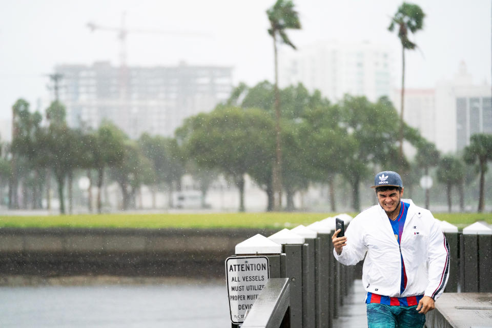 A man holds his phone on a dock in Sarasota, Fla. (Sean Rayford / Getty Images)