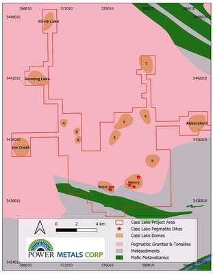 Figure 1 - Case Lake property map showing spodumene bearing LCT pegmatite dikes & regional distribution of pegmatite bearing granitic domes (CNW Group/POWER METALS CORP)