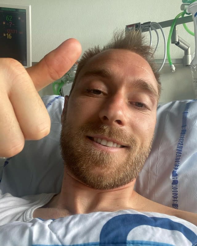 Danish footballer Eriksen gives a thumbs-up at Rigshospitalet in Copenhagen