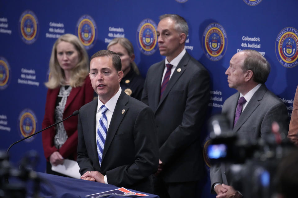 Michael J. Allen, district attorney for Colorado's Fourth Judicial District, responds to a question during a news conference after a hearing for the suspect in a mass shooting at a gay nightclub Monday, June 26, 2023, in Colorado Springs, Colo. The suspect pleaded guilty in the attack that left five people dead and wounded 17 just before Thanksgiving Day 2022 at the longtime sanctuary for the LGBTQ+ community in this mostly conservative city. (AP Photo/David Zalubowski)