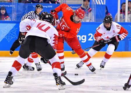 FILE PHOTO - Feb 18, 2018; Gangneung, South Korea; Olympic Athlete from Russia forward Valeria Pavlova (15) shoots the puck against Canada forward Brianne Jenner (19) in the women's ice hockey semifinals during the Pyeongchang 2018 Olympic Winter Games at Gangneung Hockey Centre. Mandatory Credit: Andrew Nelles-USA TODAY Sports