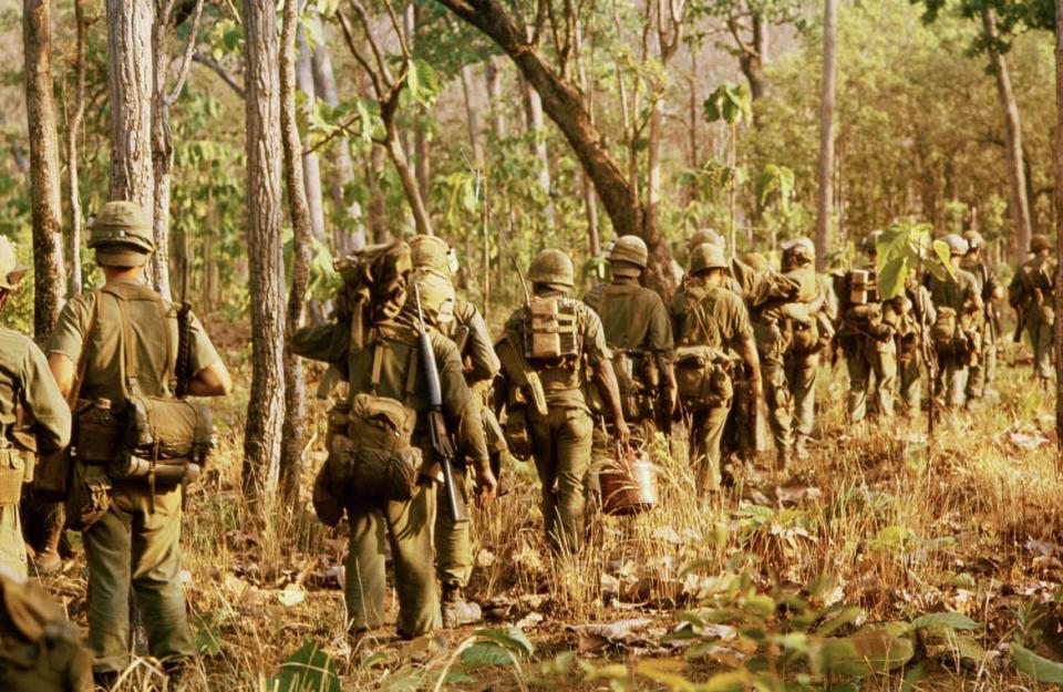 <div class="inline-image__caption"><p>Engineers from the 173rd Air Cavalry make their way through forest on Chu Phong mountain, in the Ida Drang Valley. Vietnam, 1965.</p></div> <div class="inline-image__credit">Tim Page/CORBIS/Corbis via Getty</div>