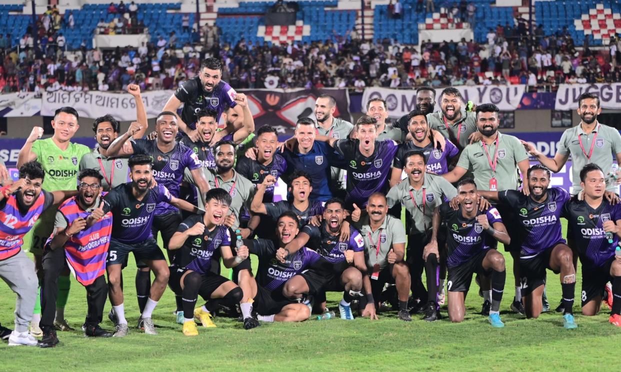 <span>Odisha FC celebrate the victory over Kerala Blasters which sent them to the Indian Super League playoff semi-finals.</span><span>Photograph: Odisha FC</span>