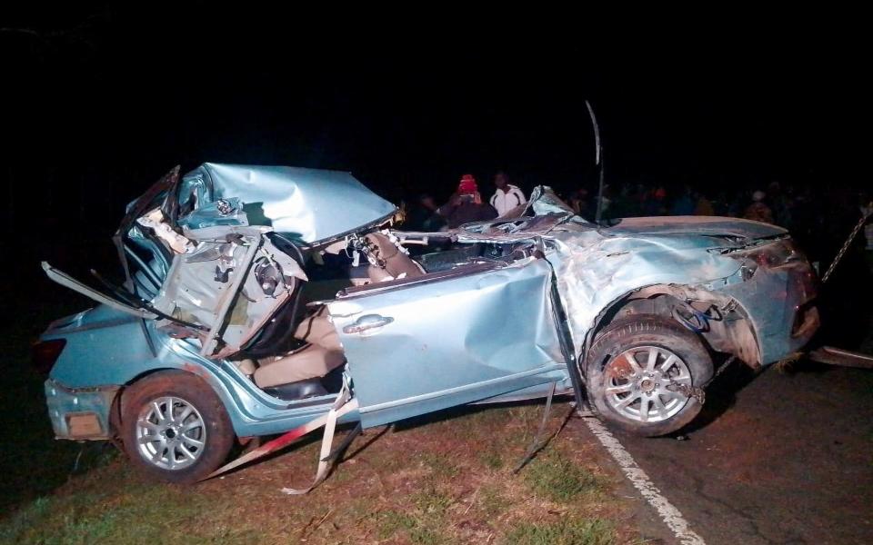 The wreckage of the vehicle in which marathon world record holder Kelvin Kiptum and his coach Gervais Hakizimana were killed