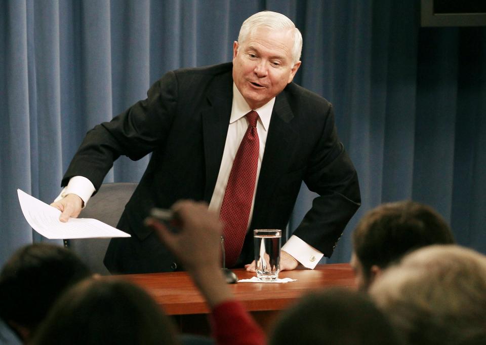 ARLINGTON, VA - FEBRUARY 14: Defense Secretary Robert Gates gets up after speaking about the Defense Department's FY2012 Budget request during a briefing at the Pentagon on February 14, 2011 in Arlington, Virginia. The Pentagon proposed a reduced defense budget for the first time since the September 11 attacks as U.S. President Barack Obama released his FY2012 Budget proposal. (Photo by Mark Wilson/Getty Images)