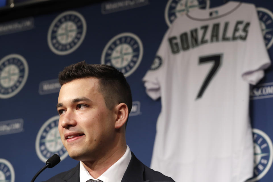 Seattle Mariners pitcher Marco Gonzales speaks at a baseball news conference Tuesday, Feb. 4, 2020, in Seattle. Gonzales and the Mariners agreed to a $30 million contract covering 2021-24, a deal that includes a club option and could be worth $45 million over five seasons. Gonzales is coming off the best season of his career. (AP Photo/Elaine Thompson)