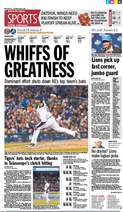 The Detroit Free Press sports front the morning after Aníbal Sánchez struck out 17 Atlanta Braves at Comerica Park in Detroit on April 26, 2013.