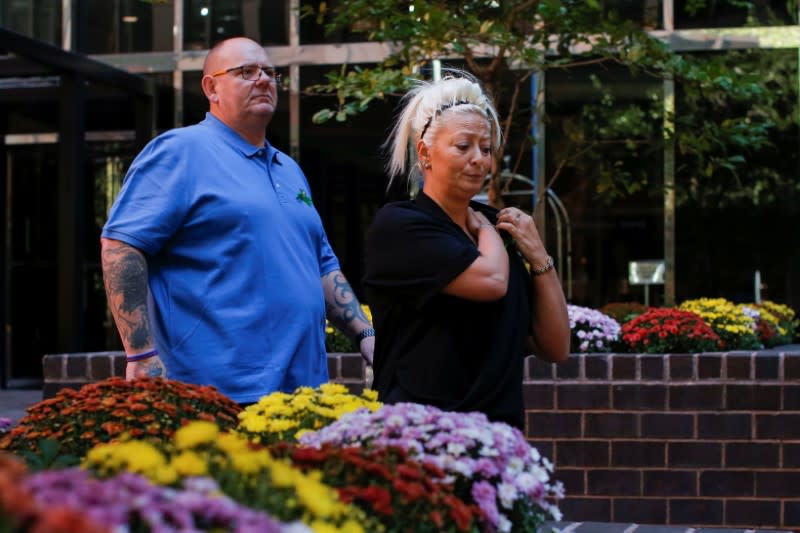 Charlotte Charles and Tim Dunn, parents of British teen Harry Dunn who was killed in a car crash on his motorcycle, allegedly by the wife of an American diplomat, walk out after an interview in the Manhattan borough of New York