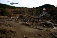 From a helicopter, Snohomish County Sheriff Ty Trenary surveys the wreckage of homes destroyed in Saturday's mudslide, Monday, March 24, 2014, near Oso, Wash. The search for survivors grew Monday to include scores of people who were still unaccounted for as the death toll from the wall of trees, rocks and debris that swept through a rural community rose to at least 14. (AP Photo/seattlepi.com, Joshua Trujillo)