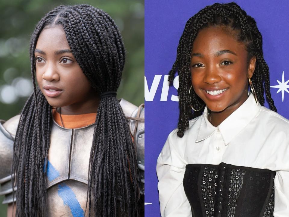 left: annabeth in percy jackson live action, with braids pulled into pigtails at her sides and wearing armor; right: leah sava jeffires smiling widely on a red carpet