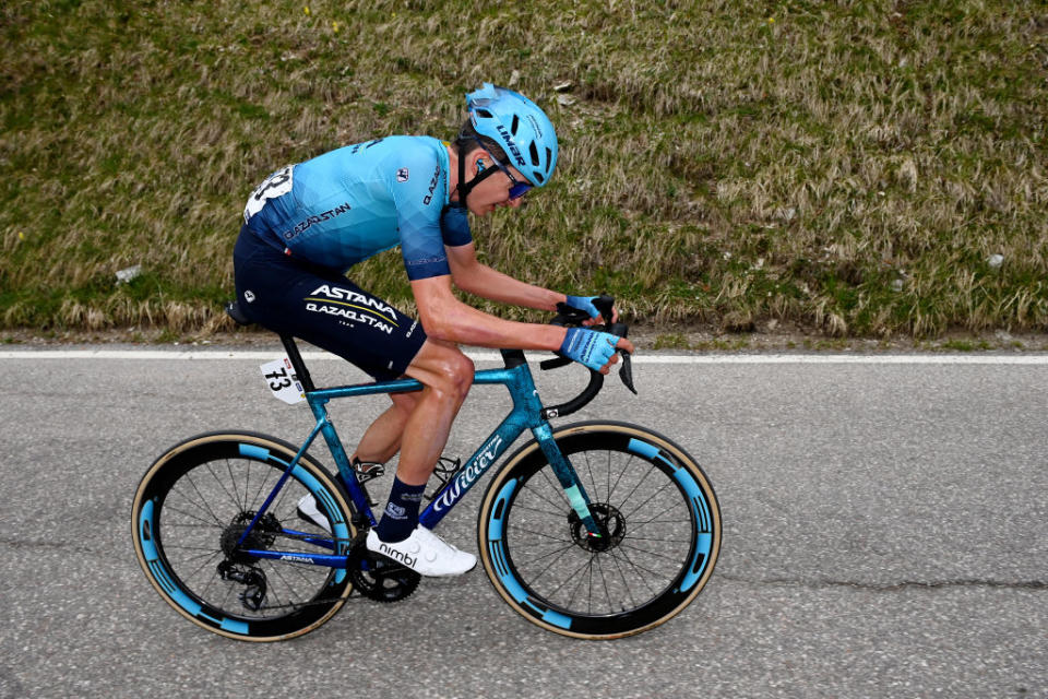 BRENTONICO SAN VALENTINO ITALY  APRIL 19 Joe Dombrowski of The United States and Astana Qazaqstan Team competes in the breakaway during the 46th Tour of the Alps 2023 Stage 3 a 1625km stage from Ritten to Brentonico San Valentino 1321m on April 19 2023 in Brentonico San Valentino Italy Photo by Tim de WaeleGetty Images