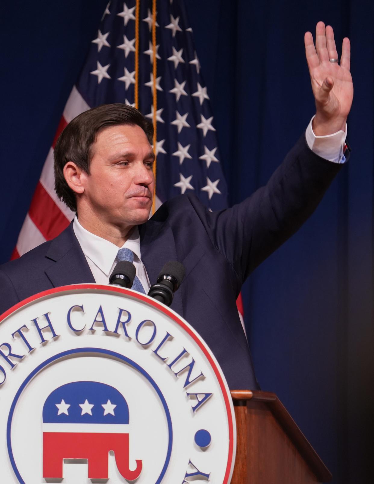 Jun 9, 2023; Greensboro, NC, USA; Hundreds gathered to hear Governor Ron DeSantis speak at the North Carolina Republican Party 2023 State Convention on Friday, June 9. The event came on the heels of another indictment of former President Donald Trump.