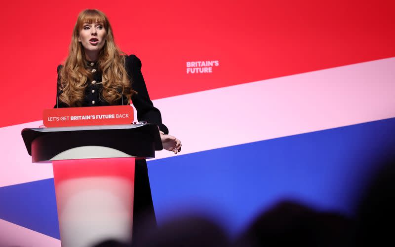 Britain’s Labour Party Deputy Leader Angela Rayner speaks during her keynote speech on the opening day of Britain’s Labour Party annual conference in Liverpool