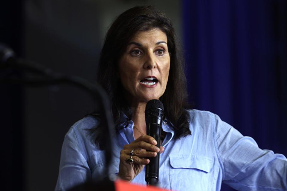 Republican presidential candidate former UN Ambassador Nikki Haley speaks to guests at Ashley’s BBQ Bash (Getty Images)