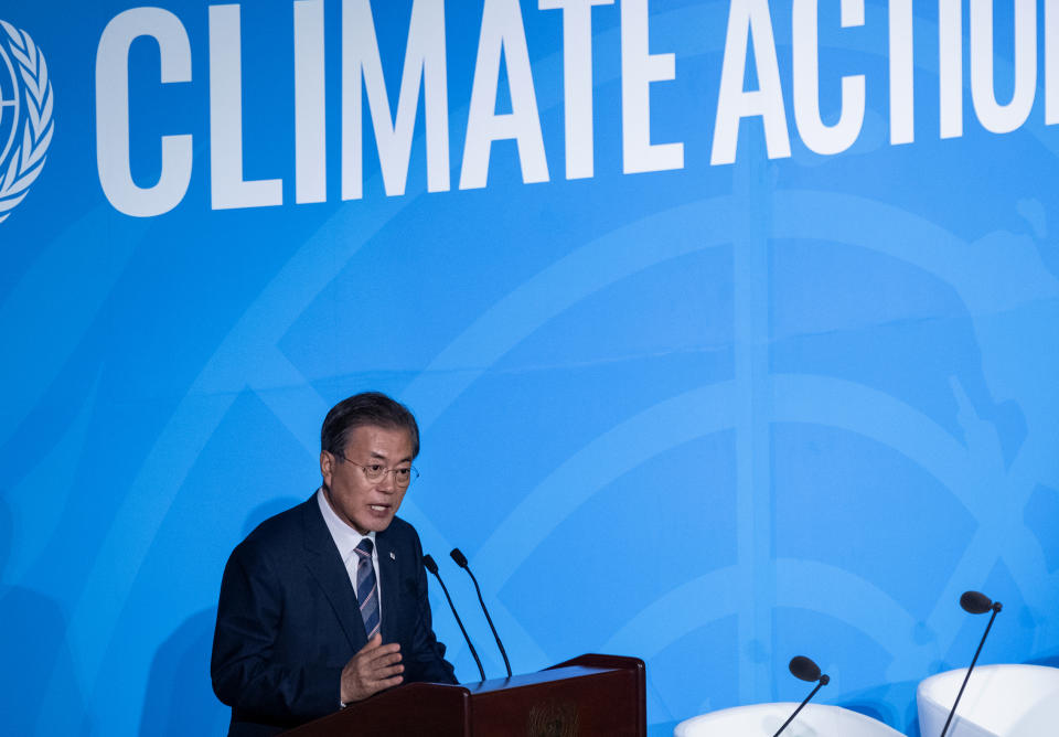 South Korea's President Moon Jae-in addresses the Climate Action Summit in the United Nations General Assembly, at U.N. headquarters, Monday, Sept. 23, 2019. (AP Photo/Craig Ruttle)