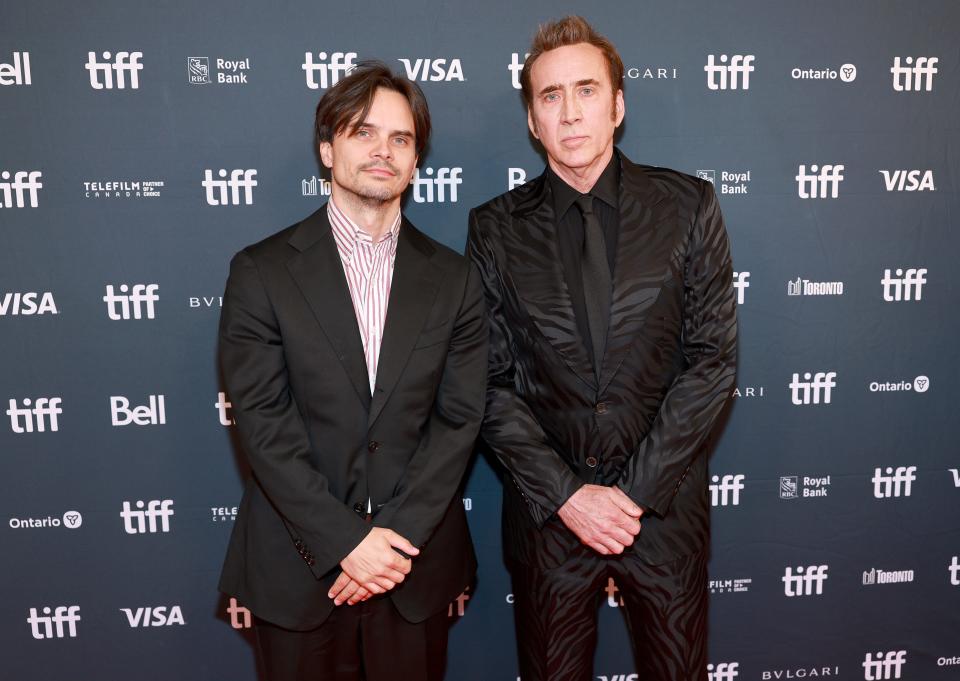 "Dream Scenario" director Kristoffer Borgli, left, and Nicolas Cage at Toronto International Film Festival in September.