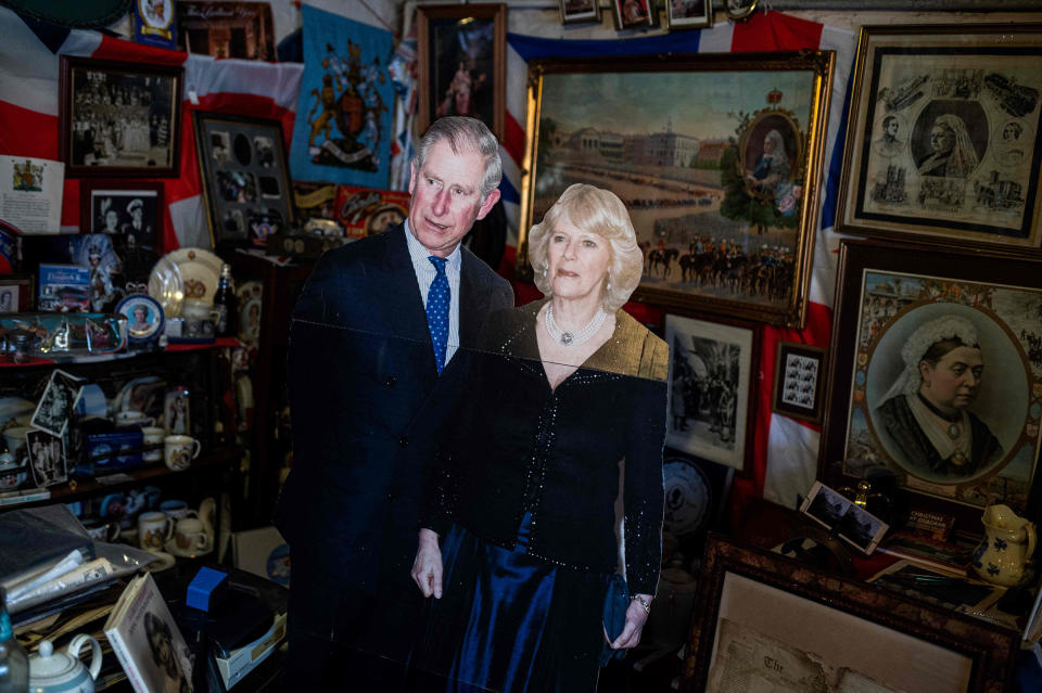 A life-sized cardboard cut-out of King Charles III and Camilla, Queen Consort is displayed amongst the 13,283 pieces of royal memorabilia which ardent monarchist Anita Atkinson exhibits at her Weardale farm near Bishop Auckland, northern England on March 31.<span class="copyright">Oli Scarff—AFP/Getty Images</span>