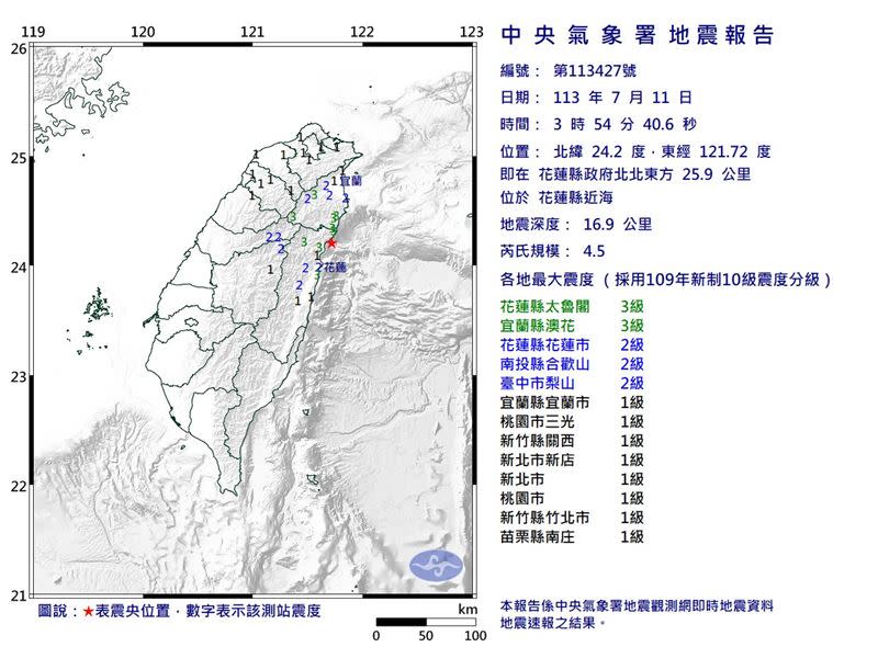 今凌晨3時54分花蓮縣近海發生規模4.5地震。（圖／中央氣象署）