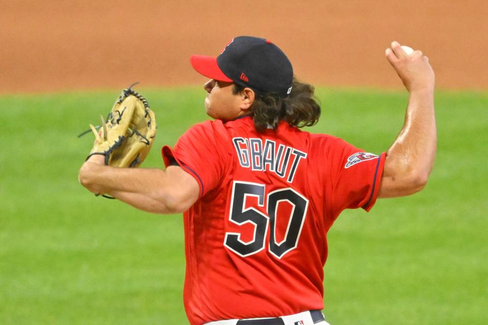 Jun 27, 2022; Cleveland, Ohio, USA; Cleveland Guardians relief pitcher Ian Gibaut (50) delivers a pitch in the seventh inning against the Minnesota Twins at Progressive Field. Mandatory Credit: David Richard-USA TODAY Sports