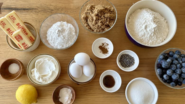 Ingredients for blueberry-lavender coffee cake